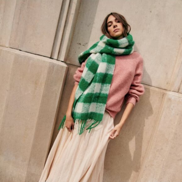 Sézane RARE NWT Louise Scarf in Ecru/Green Check - Picture 2 of 4